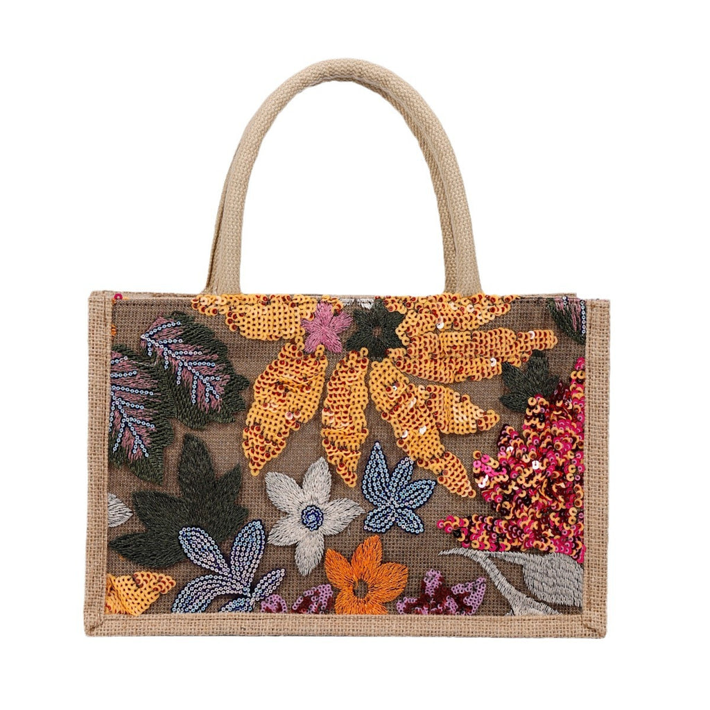 Women Sequin Embroidered Woven Tote Bag, Fashion Large Capacity Handbag
