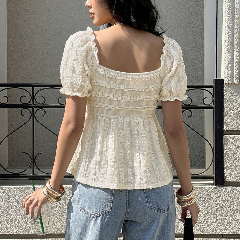 2026 New Soft Solid V Neck Jacquard Ruched Puff Sleeve Top