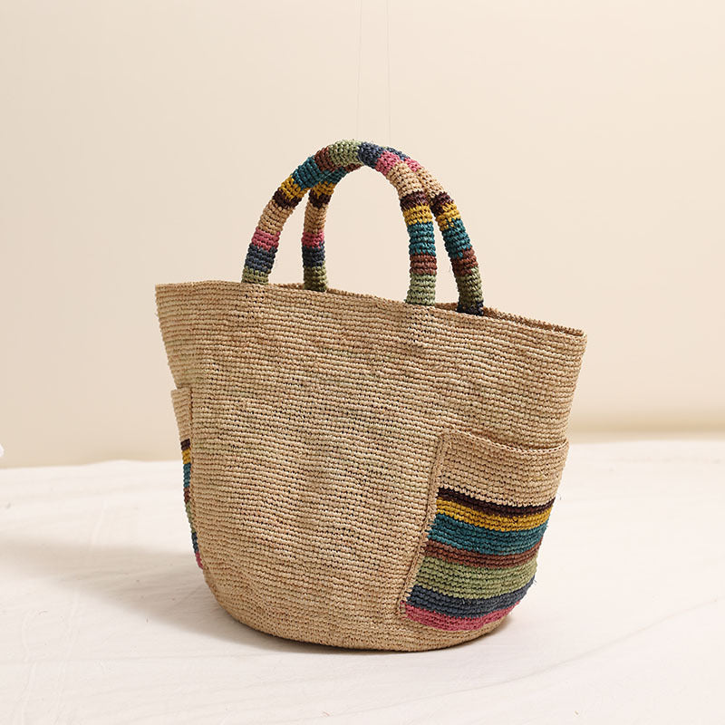 Women Premium Raffia Handheld Straw New Colorful Woven Beach Bag