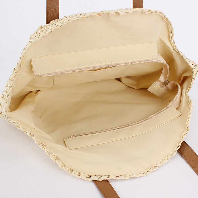 Women Simple Round Paper Rope Woven Shoulder Fashion Seaside Beach Vacation Bag