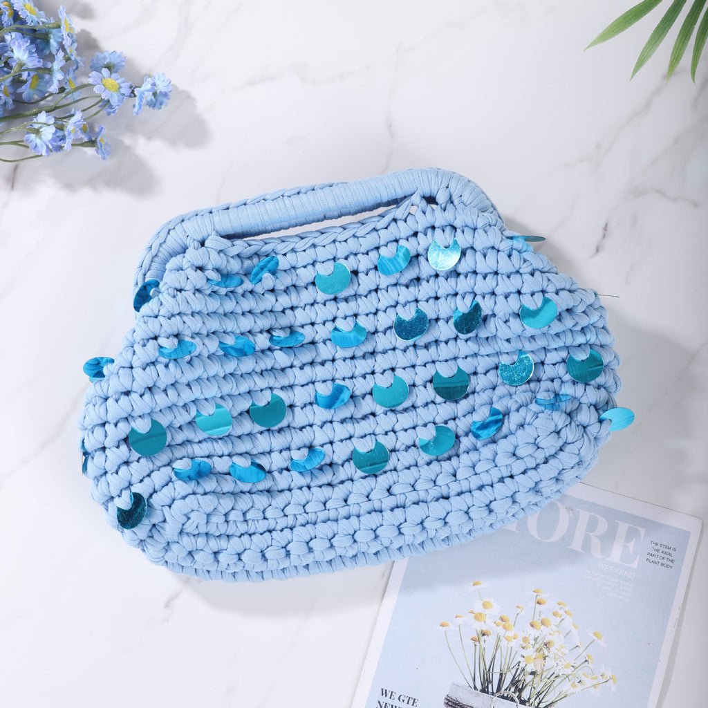 Boho Handwoven Sequin Crochet Top Handle Clutch Bag