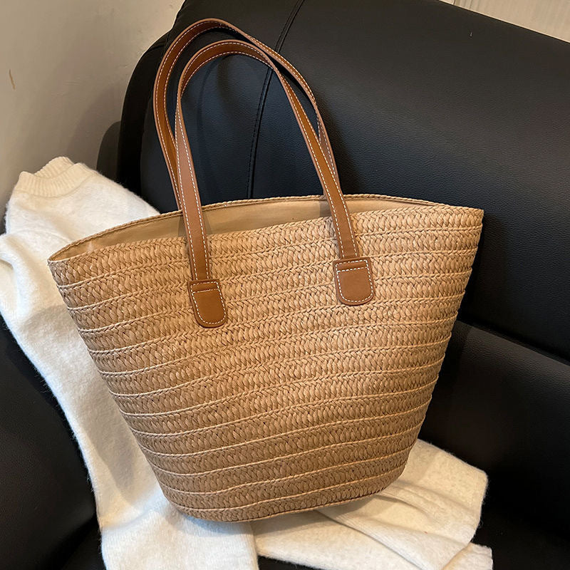 Women Straw Beach Black Stripe 2026 New Casual Summer Shoulder Tote Bag