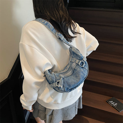Cross-Border Denim Bag For Women 2025 New Korean Version Fashionable Shoulder Crossbody Bag Versatile Commuter Dumpling Bag Wholesale