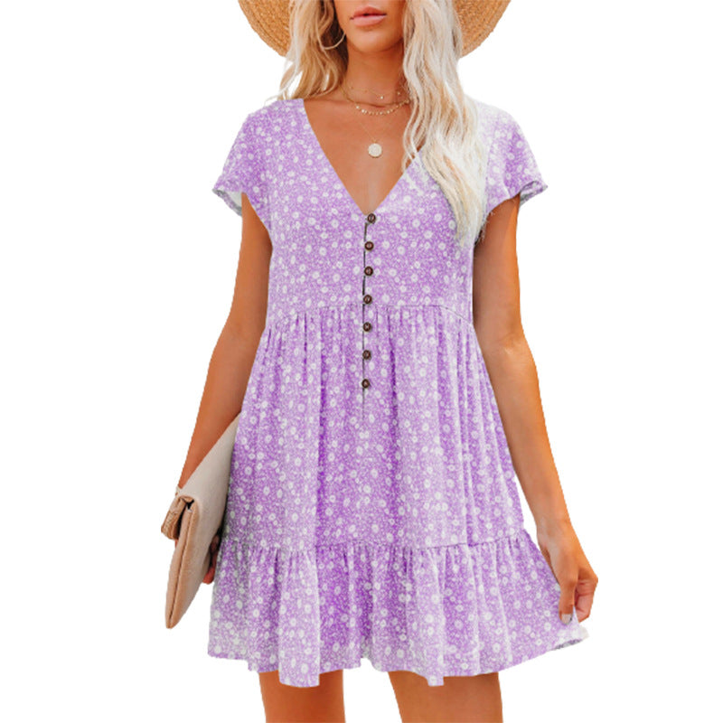 V-Neck Button Floral Short-Sleeve Loose Casual Dress