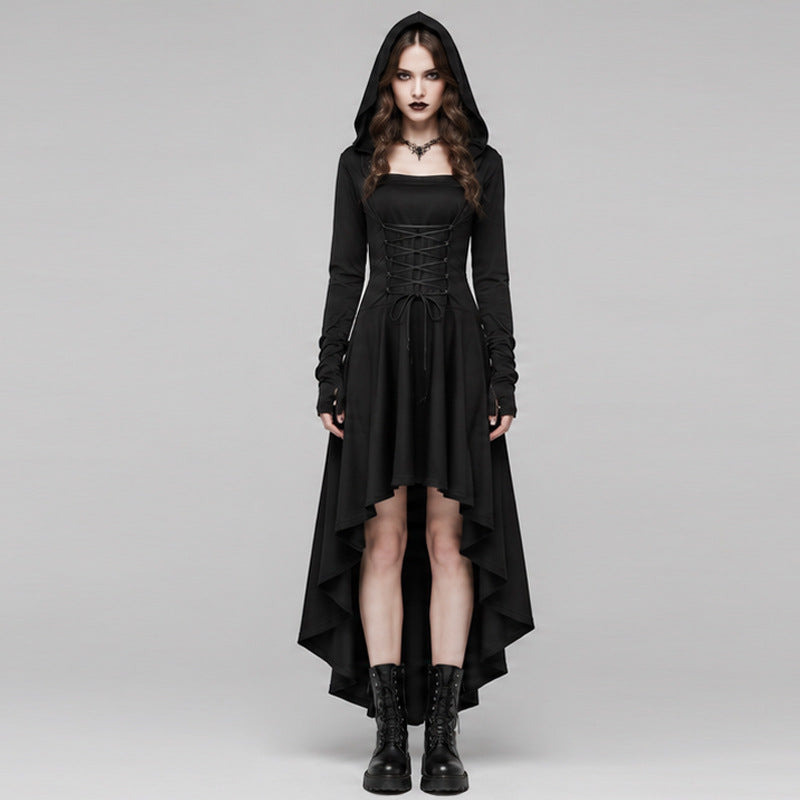 Halloween Gothic Hooded High-Low Dress with Lace Up Corset Waist