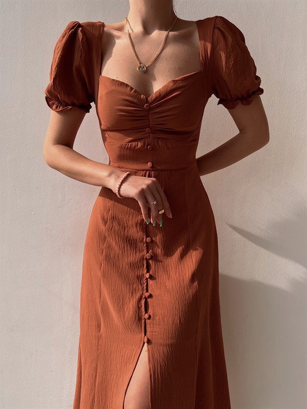 V-Neck Single-Breasted Mid-Length Dress