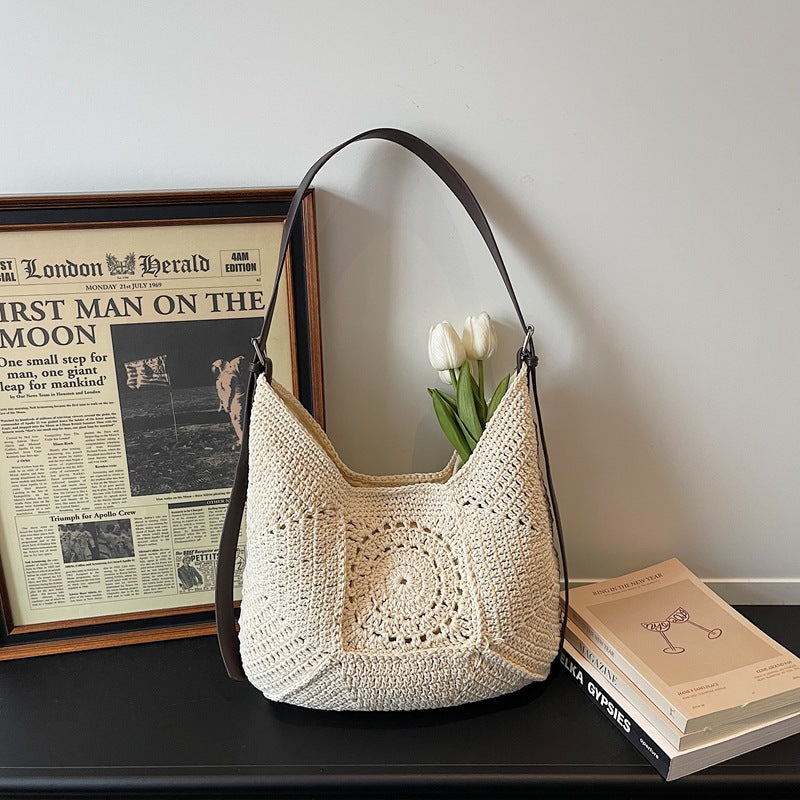 Vacation Large Woven 2026 Spring New Artistic Knit Cotton Shoulder Beach Bag