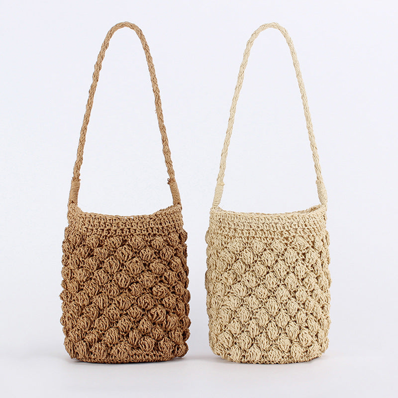 Women Cylindrical Paper Rope Woven Bucket Beach Vacation Handbag