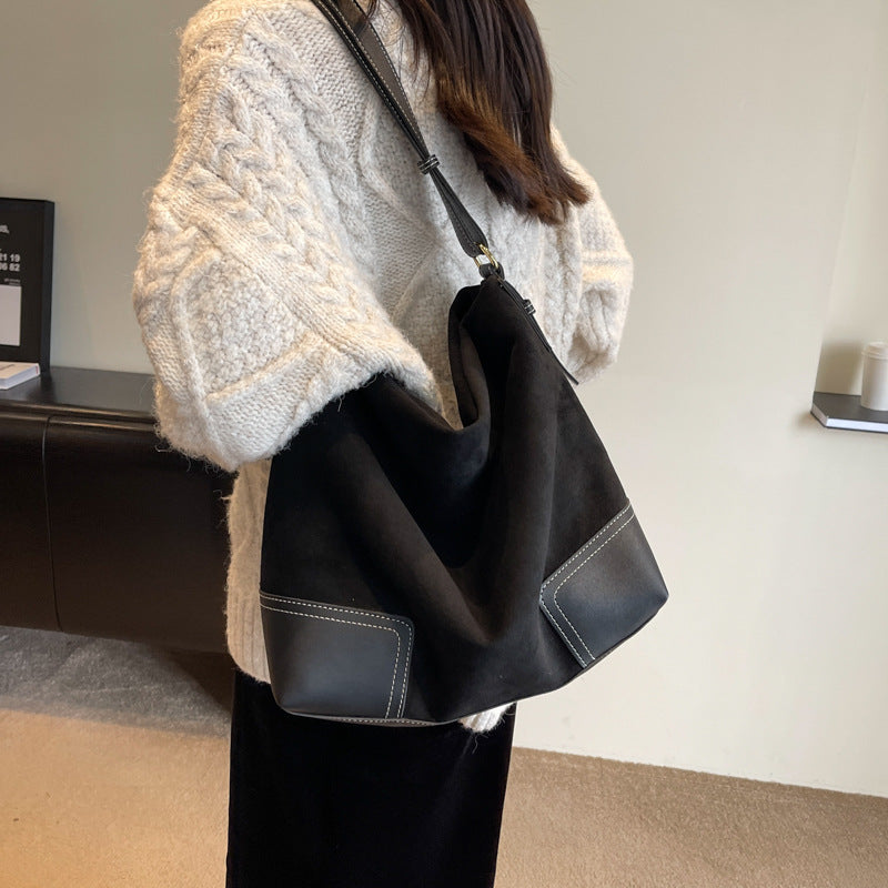 Vintage Suede Hobo Shoulder Bag with PU Leather Accents