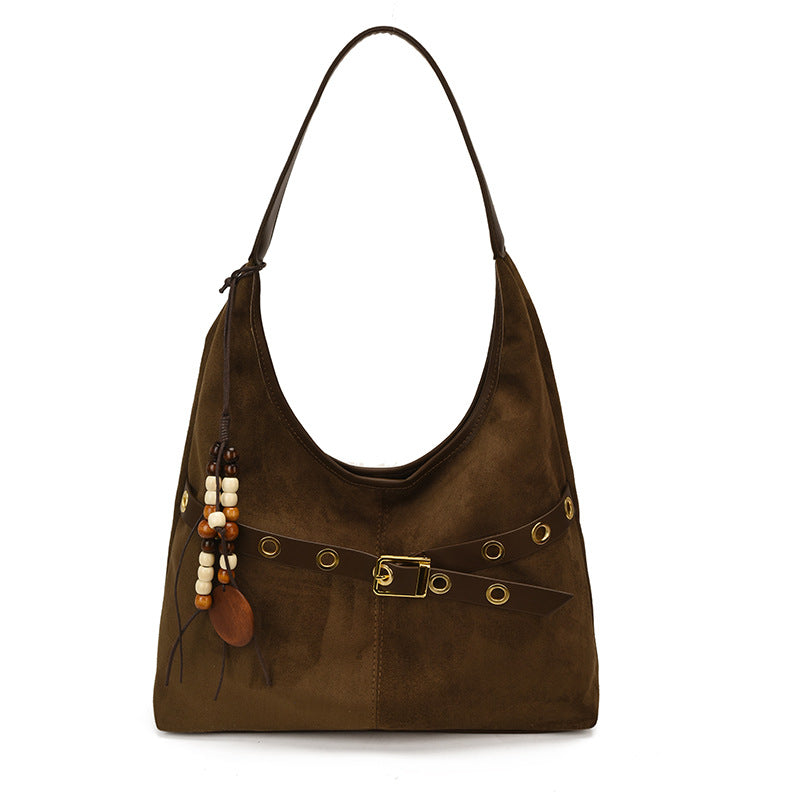 Soft Suede Texture Shoulder Bag with Studded Belt Detail