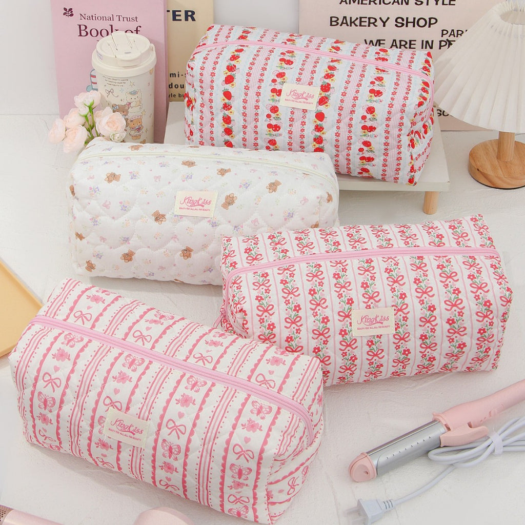 Vertical Stripe Red Strawberry Cotton Cosmetic Bag