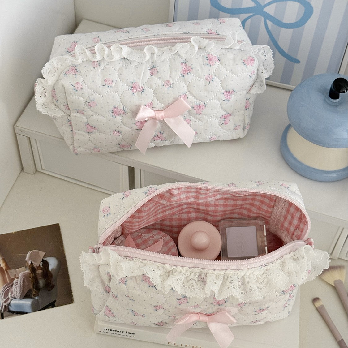 Pink Rose Lace Large Capacity Storage Bag