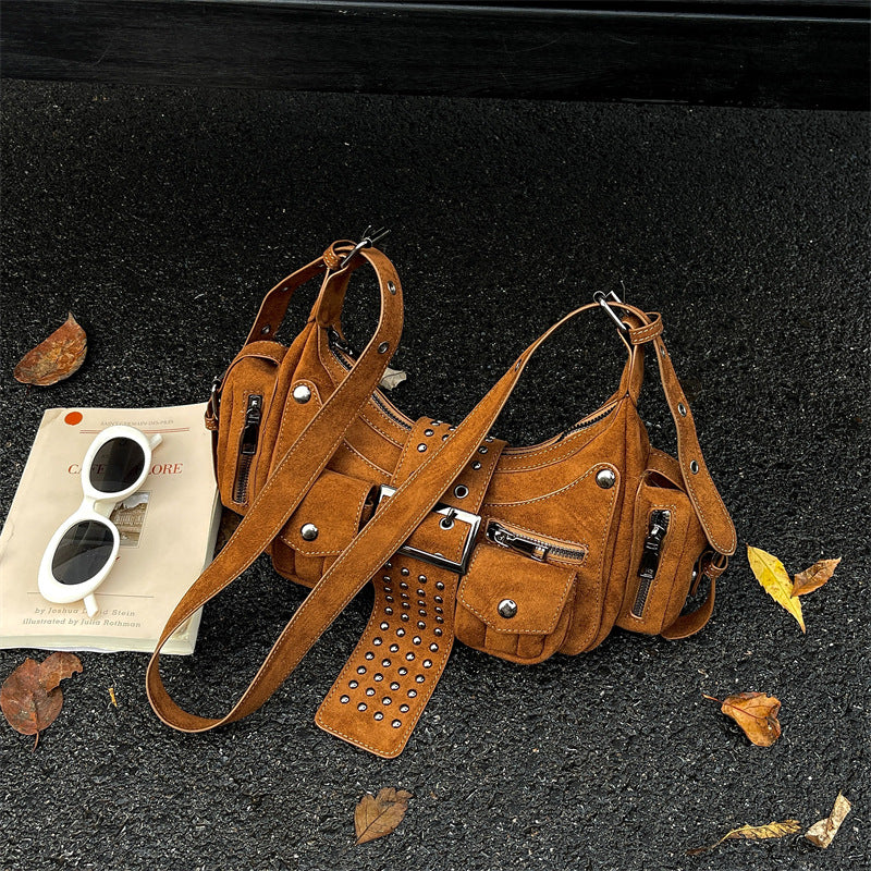Vintage Studded Buckle Shoulder Bag with Pockets