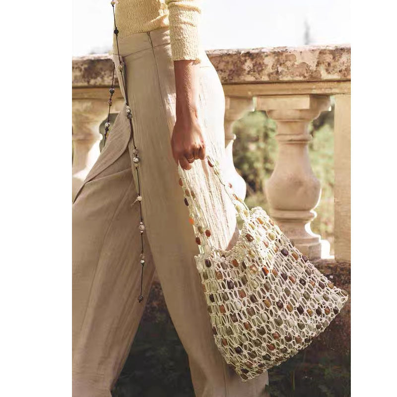 Women Summer New Beaded Fashion Unique Woven Hollow Beach Bag