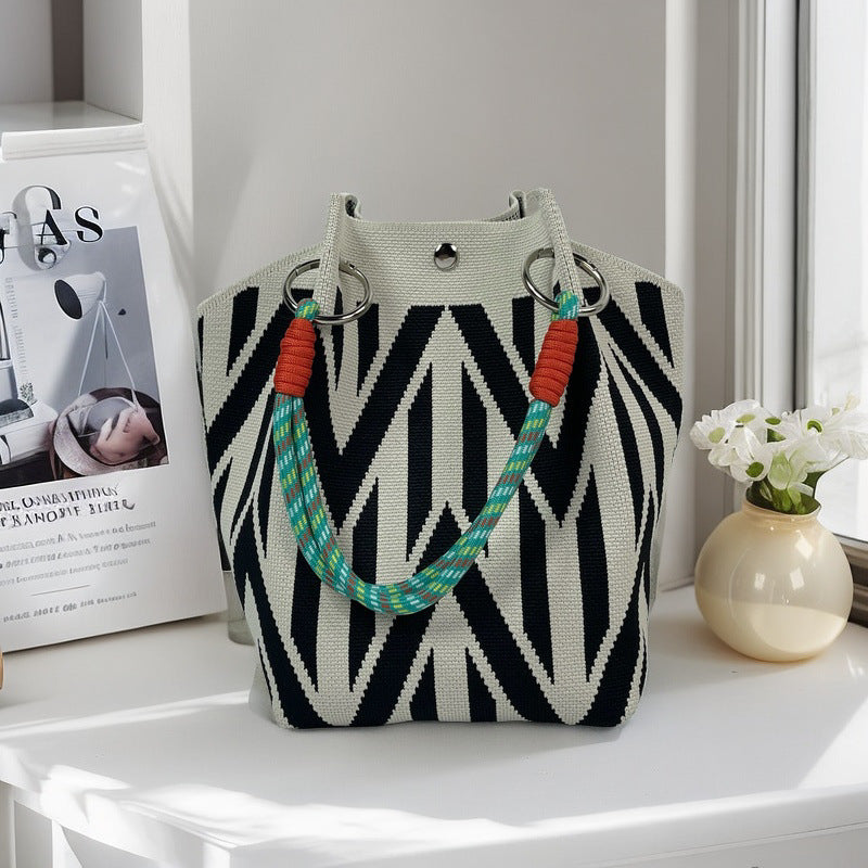 Graphic Jacquard Ring Handle Bucket Tote Bag