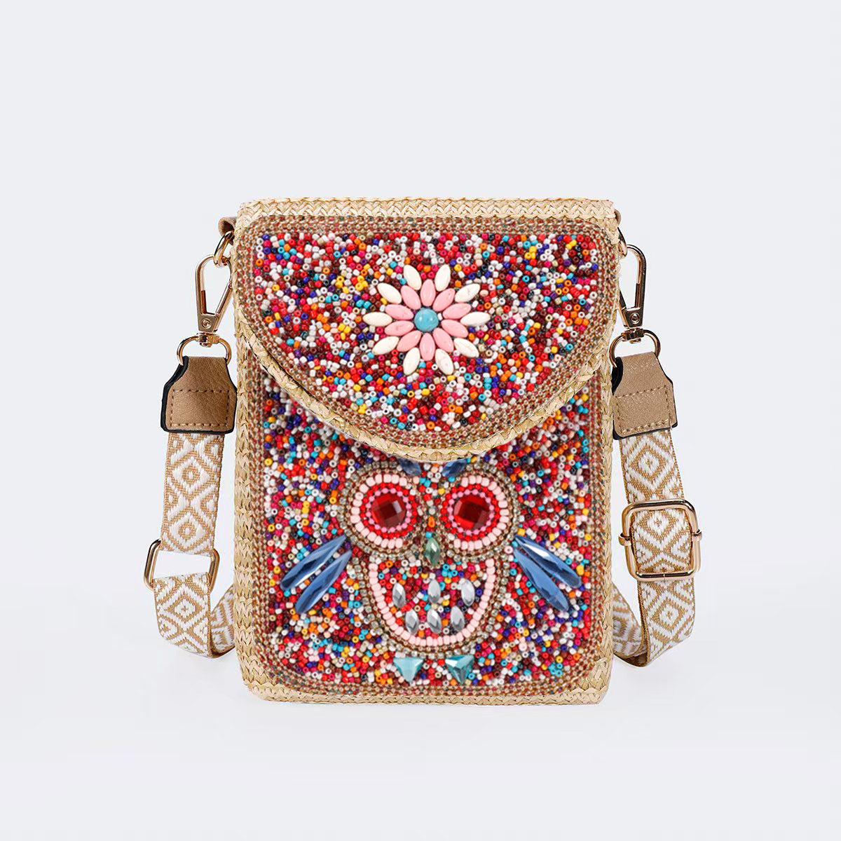 Women Luxury Straw Crossbody Bag, Fashion Beaded Woven Phone Shoulder Bag