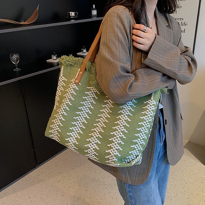 Women Large Canvas Tote 2026 New Tassel Cotton Linen Woven Minimalist Shoulder Bag