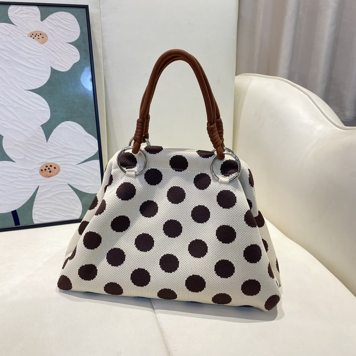 Geometric Woven Rope Handle Dumpling Top Handle Bag