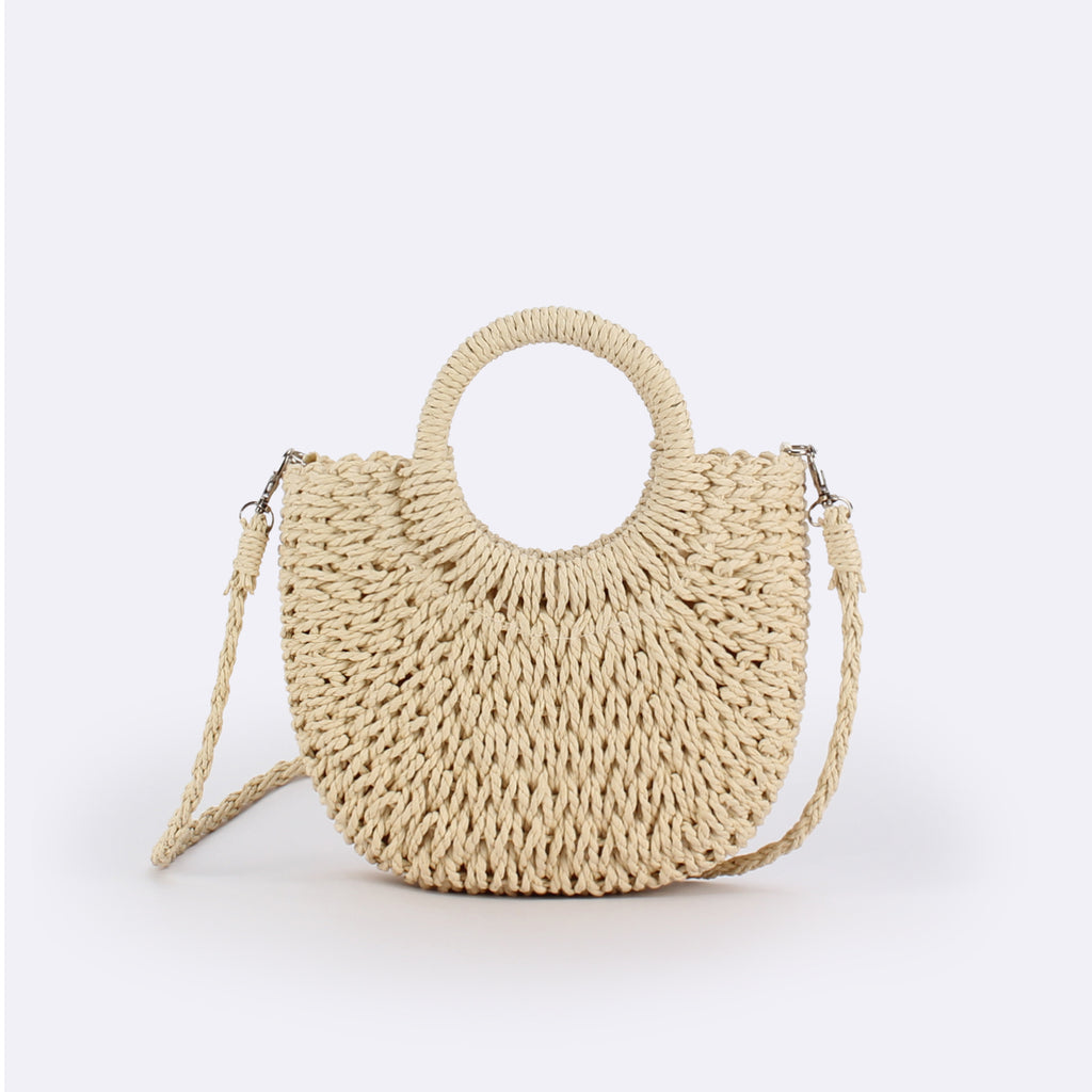 Simple Ins Popular Semi-Circle Straw Bag Beach Handwoven Bag Vacation Travel Hand-Carry Cross-Body Dual-Use Bag