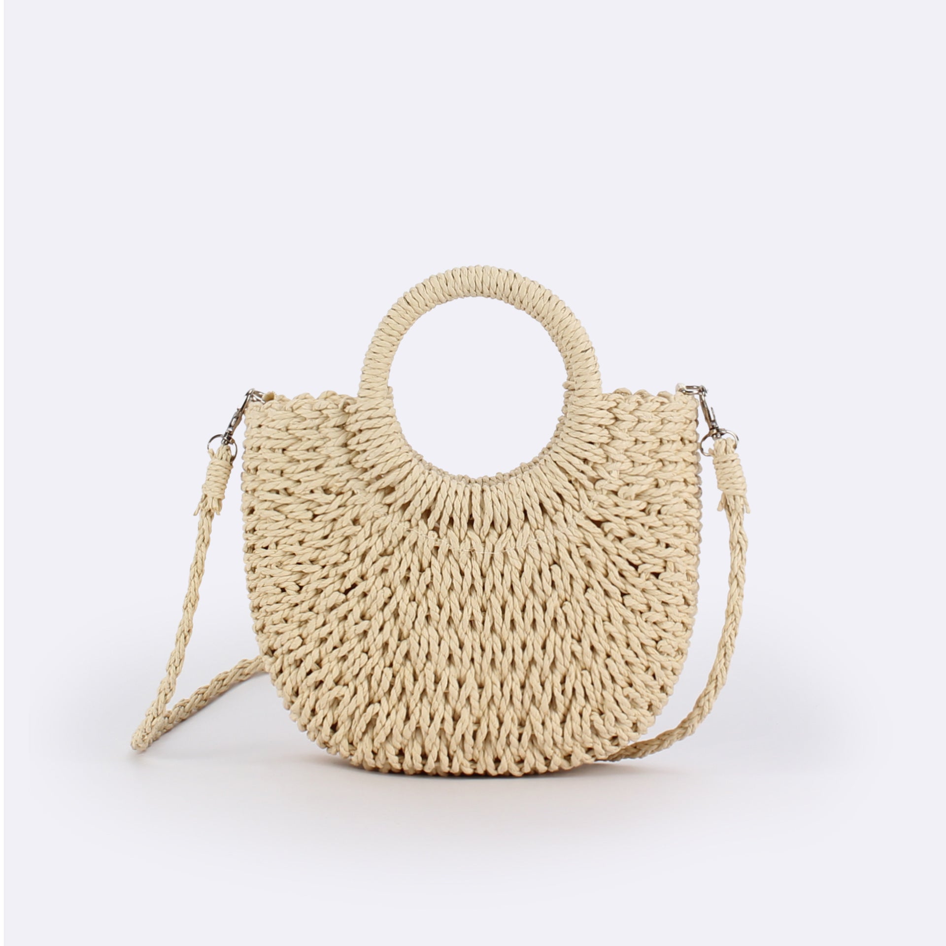 Simple Ins Popular Semi-Circle Straw Bag Beach Handwoven Bag Vacation Travel Hand-Carry Cross-Body Dual-Use Bag