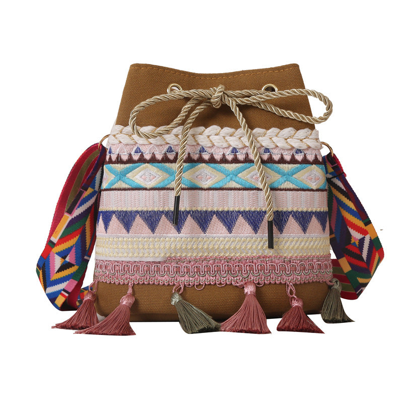 Ethnic Tassel Totem Bucket Crossbody Bag