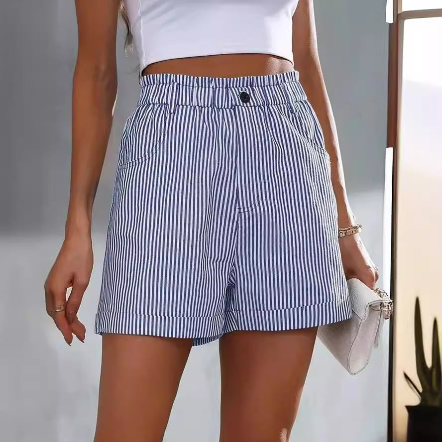 Women Casual Pocket Striped Shorts