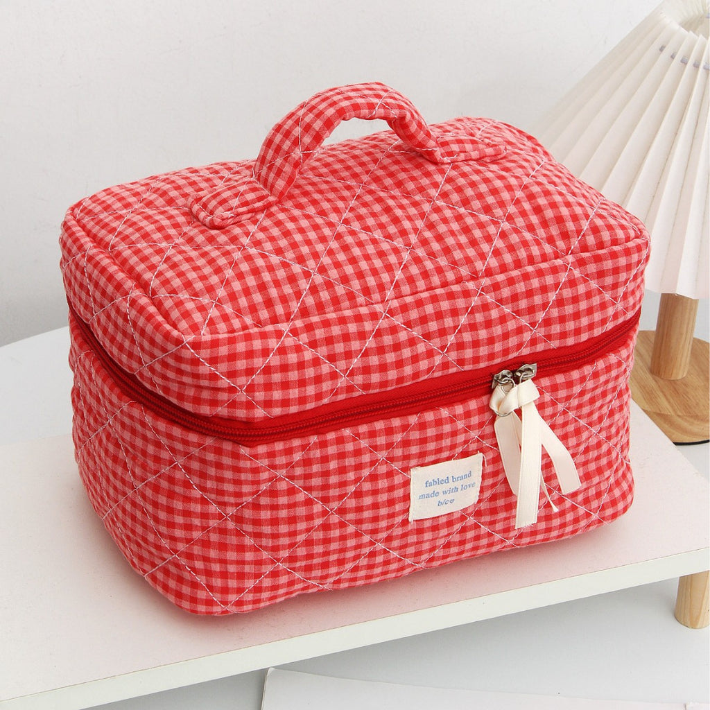Red Plaid Quilted Large Capacity Cosmetic Bag