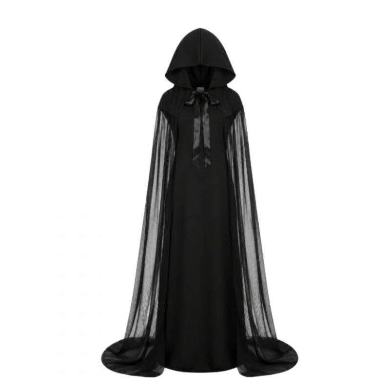 Halloween Gothic Hooded Cape Maxi Dress with Sheer Sleeves