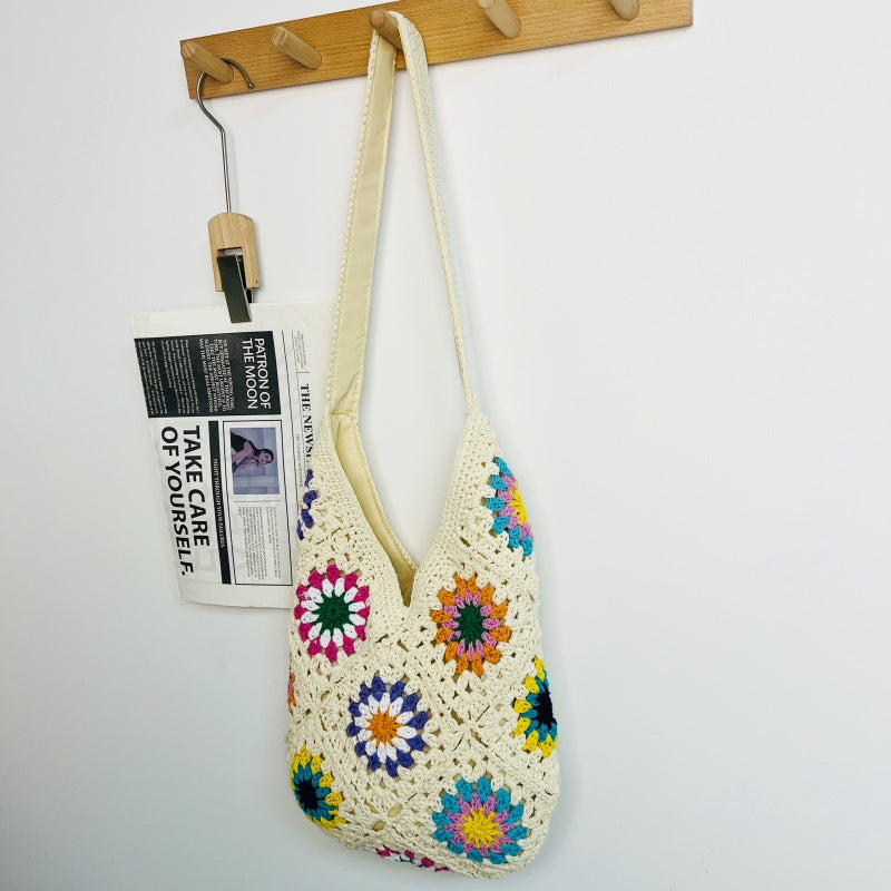 Women Fashion Crocheted Paper Shoulder Bag, Sunflower Hollow Cotton Woven Bag