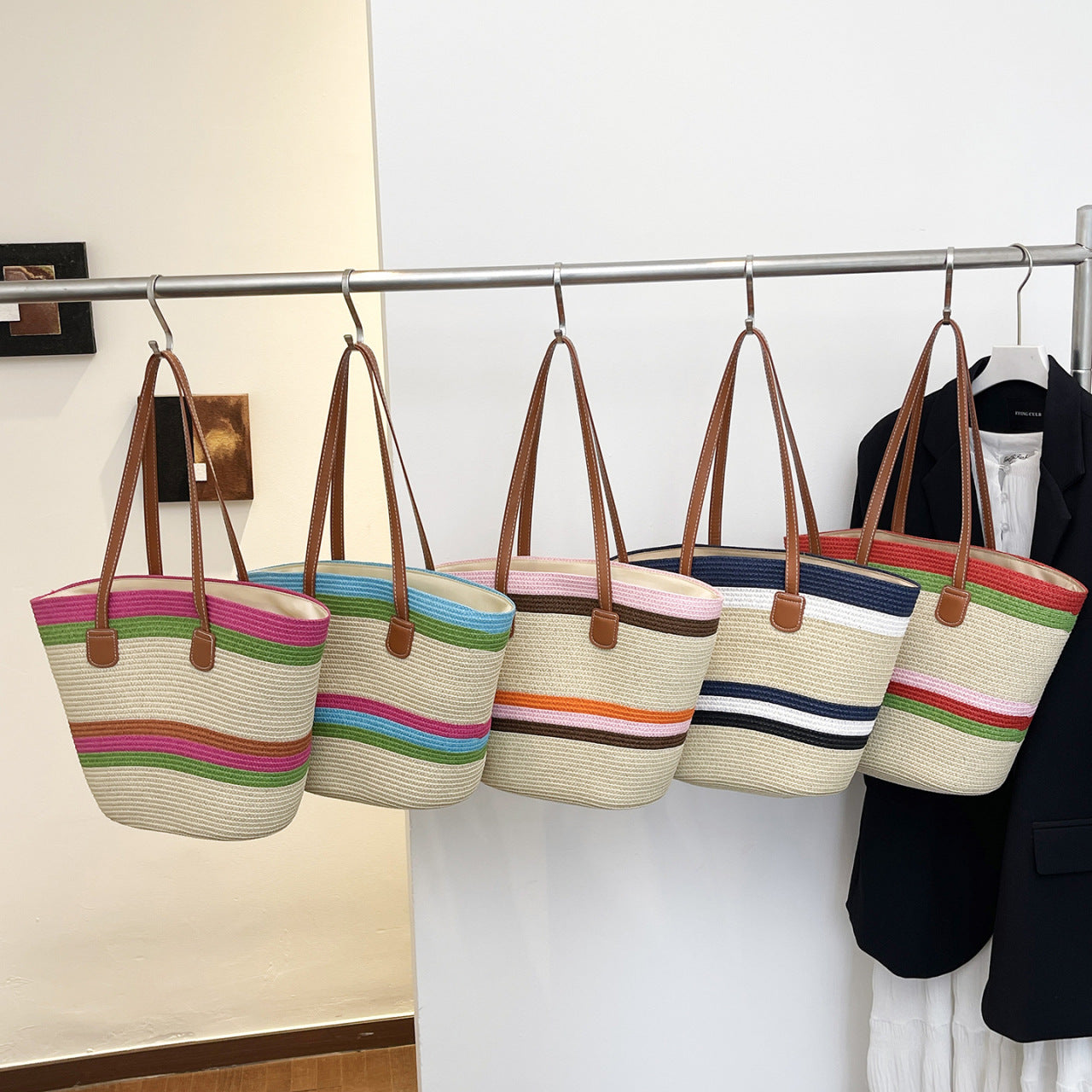 Color-Block Striped Large Capacity Straw Beach Tote