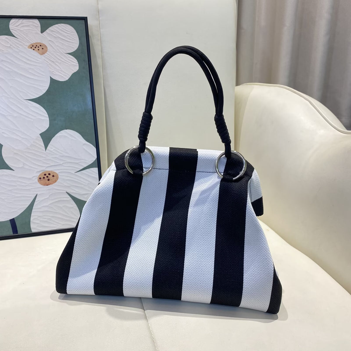 Geometric Woven Rope Handle Dumpling Top Handle Bag