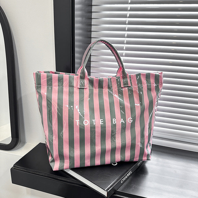Striped PVC Canvas Large Capacity Tote Bag