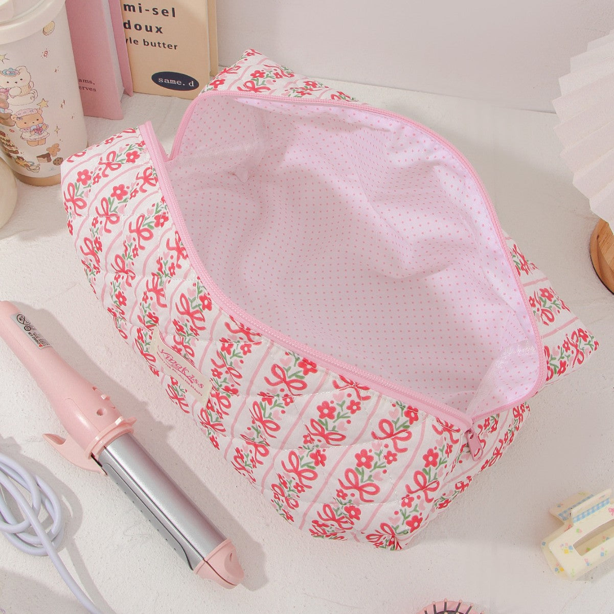 Vertical Stripe Red Strawberry Cotton Cosmetic Bag