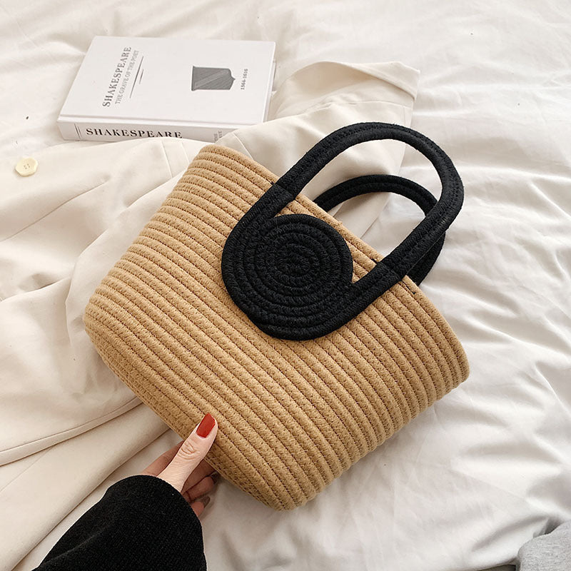 Retro Contrast Color Splicing Cotton Woven Large Capacity Simple Fashion Shoulder Handbag