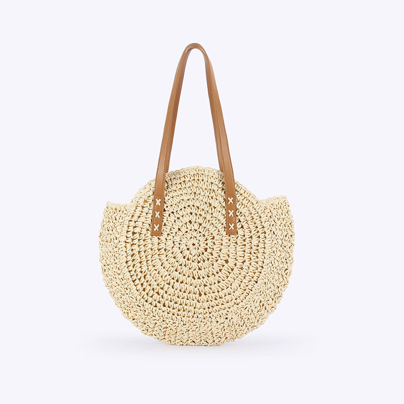 Women Simple Round Paper Rope Woven Shoulder Fashion Seaside Beach Vacation Bag