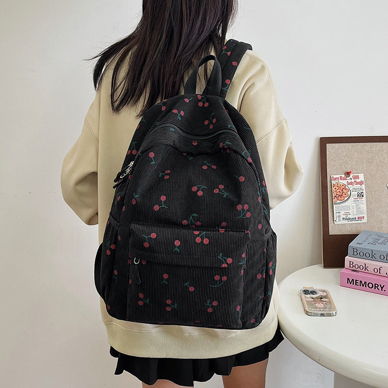 Women Sweet Cherry Corduroy Backpack, Student Travel School Bag