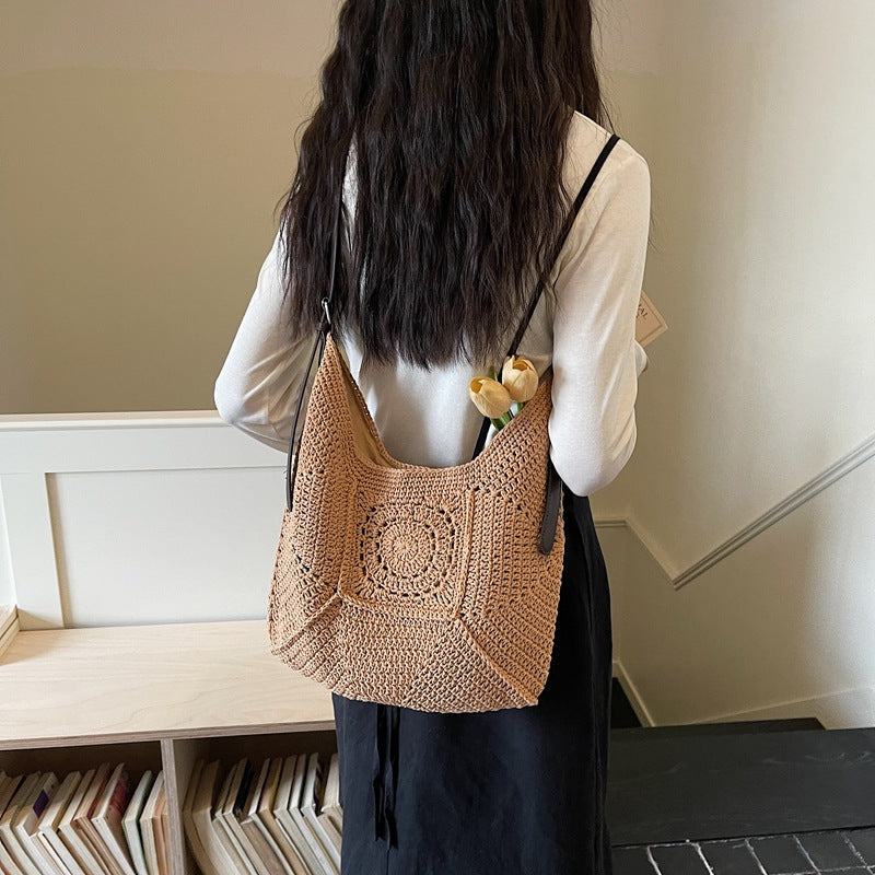 Vacation Large Woven 2026 Spring New Artistic Knit Cotton Shoulder Beach Bag