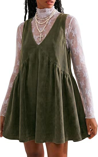 2026 Spring New Arrival: Women's Corduroy Two-Piece Set—V-Neck, Slimming A-Line Dress with European and American Cross-Border Style
