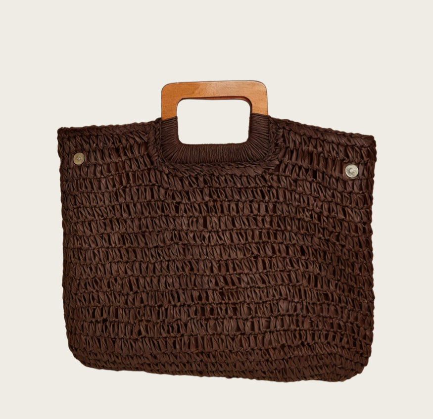 Women Solid Color Wooden Handle Straw Woven Bag, Summer Beach Handmade Fashion Bag