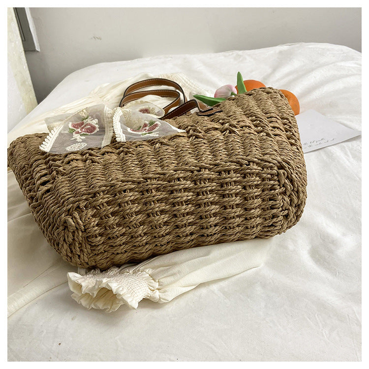 Korean Straw Large Versatile Minimalist Handmade Hollow Woven Beach Bag