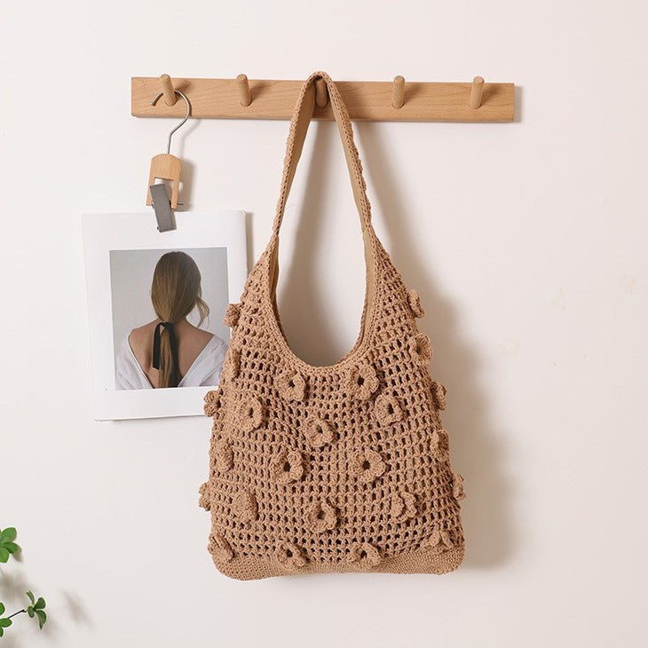 Large Capacity Flower Cotton Woven Straw Beach Bag