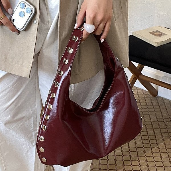 Glossy Hobo Shoulder Bag with Bold Metal Stud Detailing