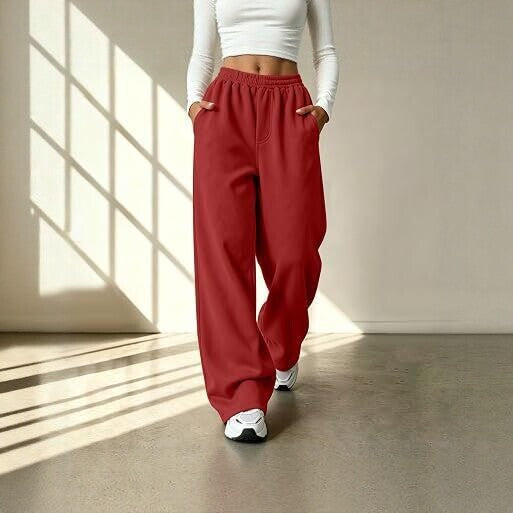 American-Style High-Waisted, Flowy-Fit Wide-Leg Sweatpants for Women—Spring/Fall Loose-Fit Casual Pants in Pink, Black, and Green with Cuffed Ankle Hems
