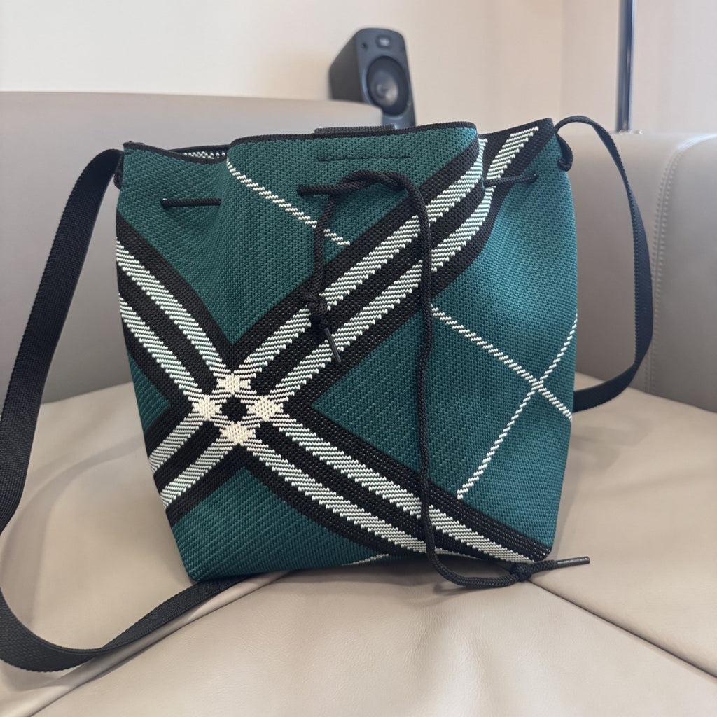 Geometric Knit Bucket Bag with Drawstring