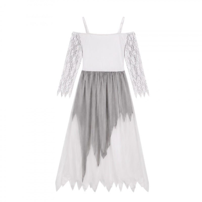 Halloween Ghost Bride Costume Dress with Lace Sleeves and Veil