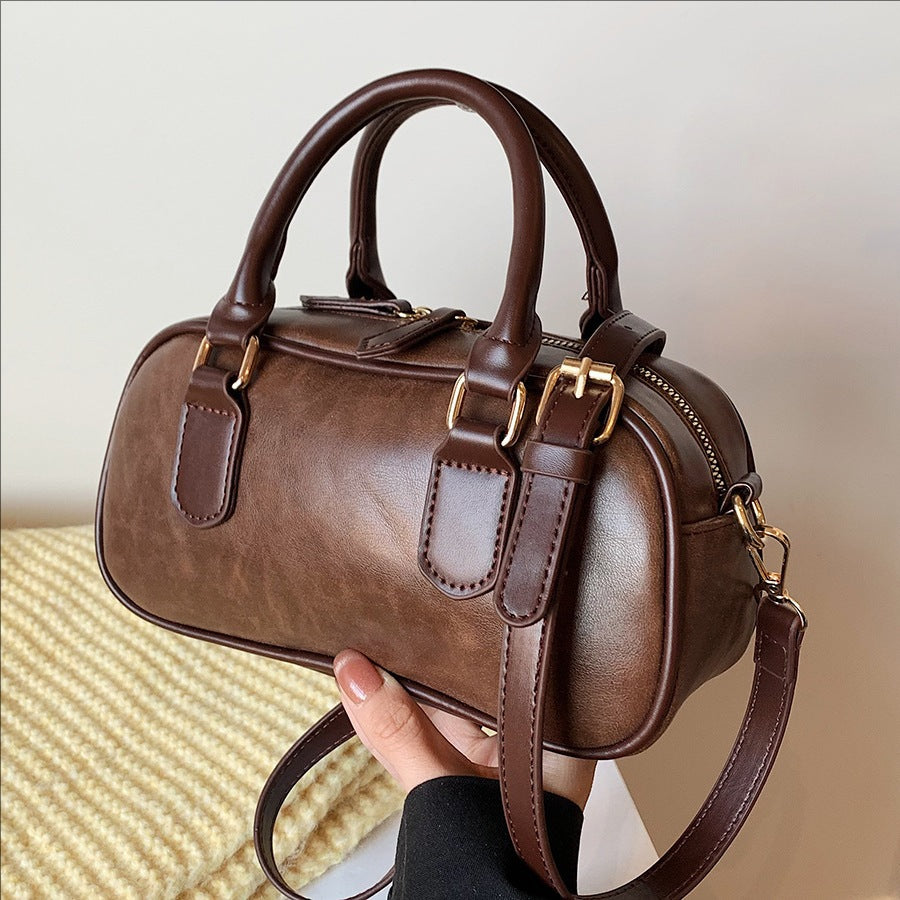 Mini Boston Bag PU Leather Handbag with Detachable Crossbody Strap