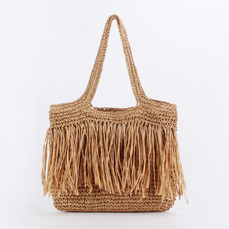 Women Long Tassel Straw Woven Large Capacity Shoulder Beach Vacation Bag