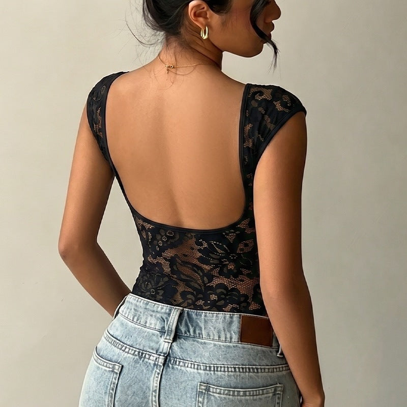 Women 2026 Summer New Short Sleeve Backless Patchwork Lace Knit Top