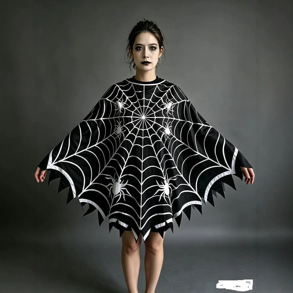 Black Gothic Spiderweb Halloween Poncho Costume