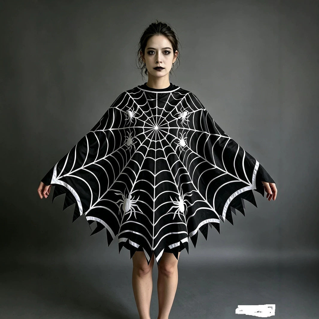 Black Gothic Spiderweb Halloween Poncho Costume